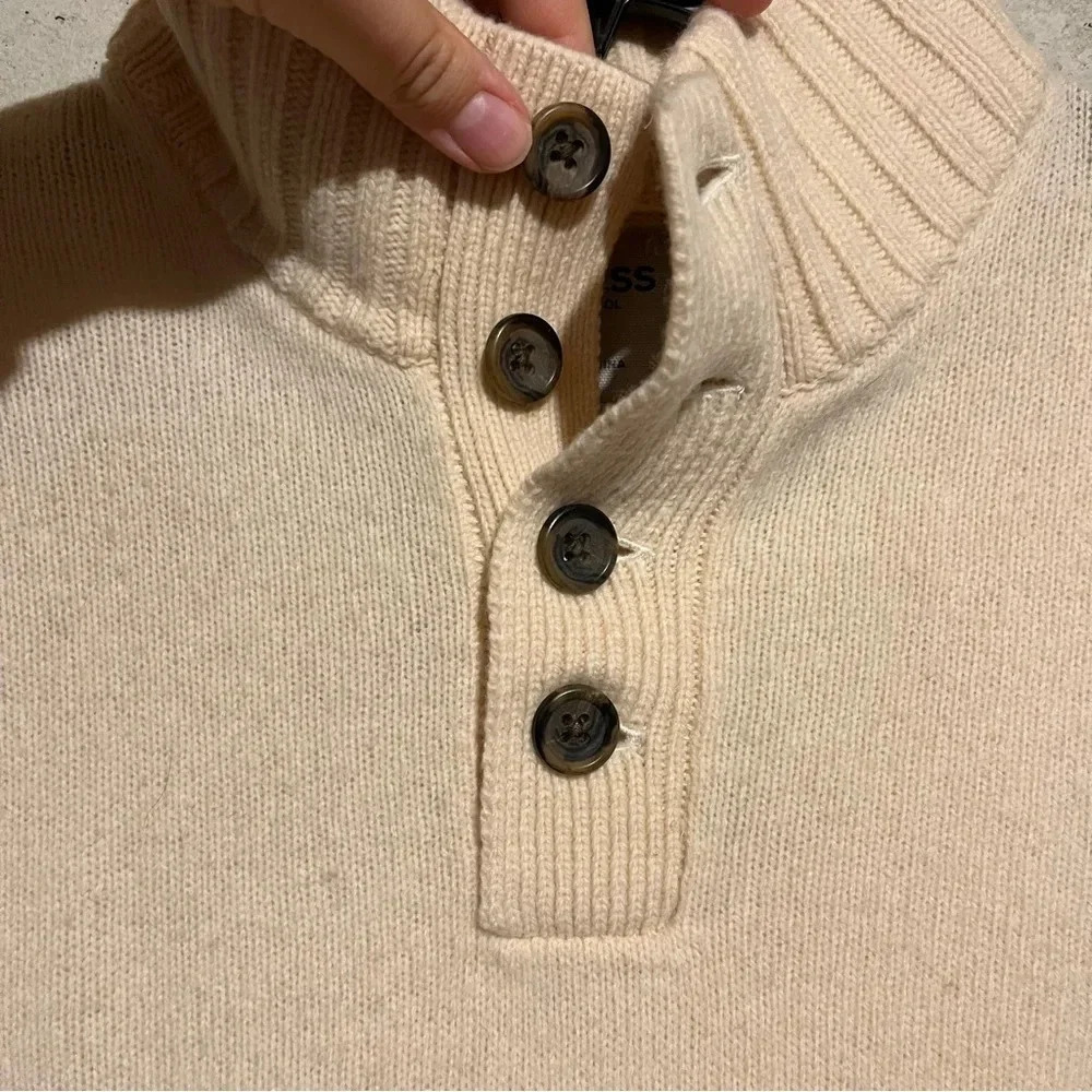 Express 100% Lambs Wool Sweater Cream  Mens M Henley Mock Neck - Picture 5 of 7